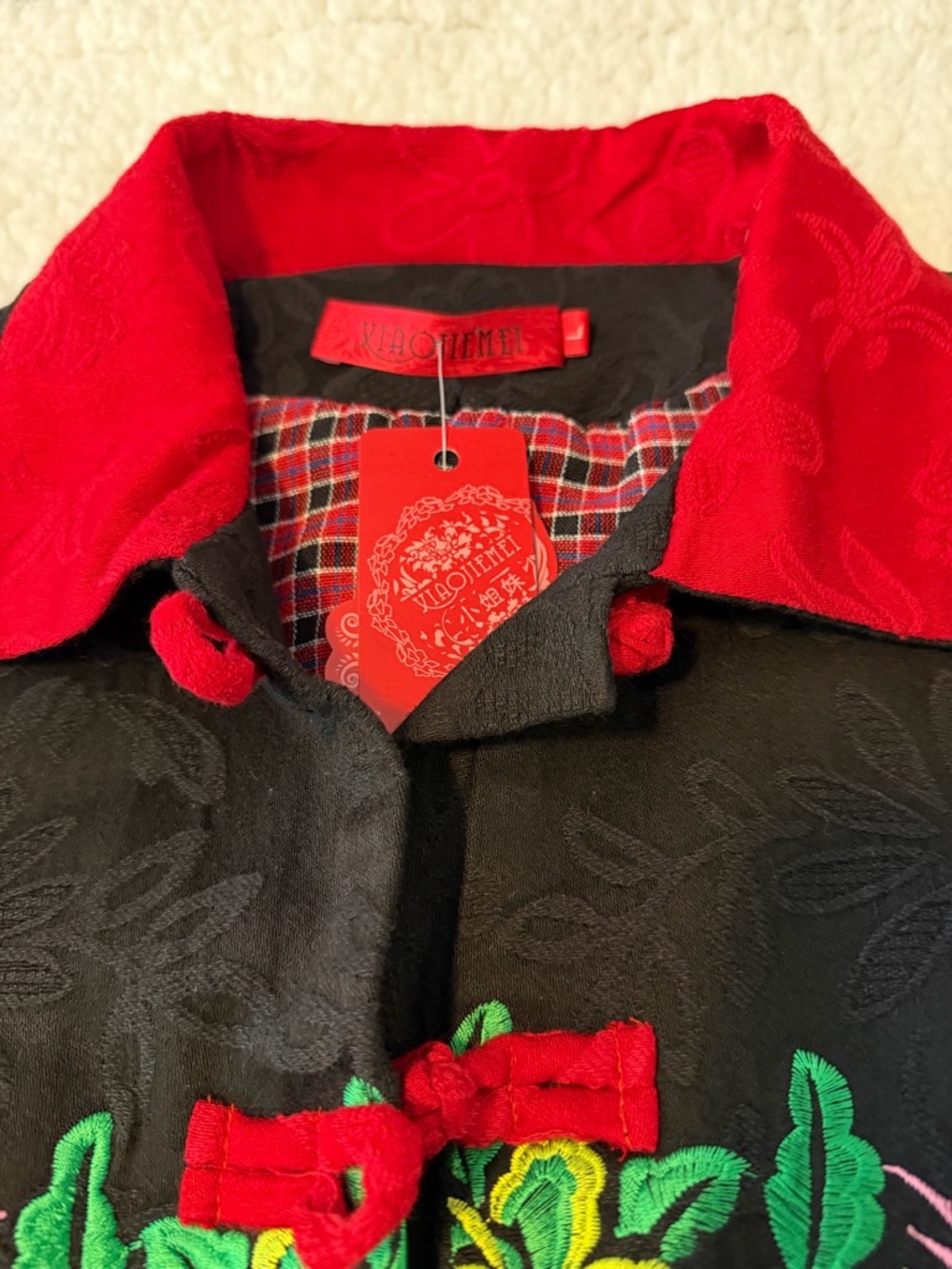 Black Embroidered Jacket with Red Collar and Multicolor Floral Detail - Picture 8 of 12